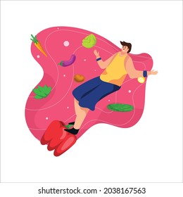 Vector illustration, vegetarian man dreaming about veggies and foods background.