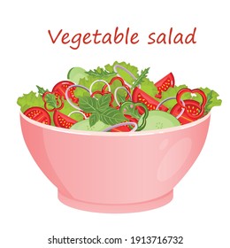 Vector illustration of vegetarian salad in a pink plate on a white background. The salad consists of tomato, lettuce leaves, arugula, basil, peppers, onions and cucumber. Healthy food concept