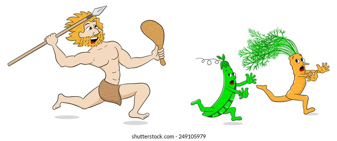 vector illustration of a vegetarian stone age man hunts vegetables