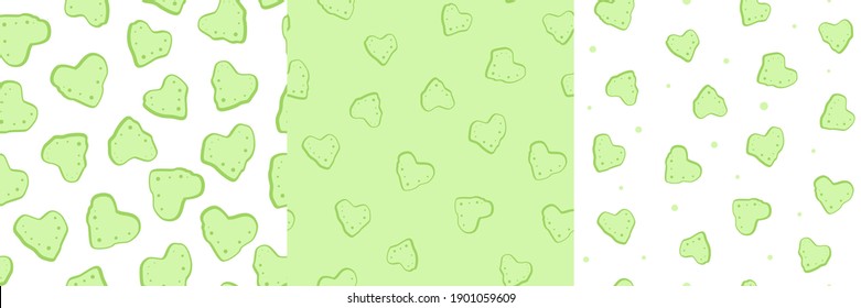 Vector Illustration For Vegetarian, Vegetable, Ecology, Healthy Projects With Chopped Celery Hearts. Seamless Valentine's Day Patterns Set On White, Green Background With Dots. Card, Banner Backdrop