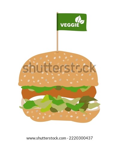 Vector illustration of veggie burger isolated on a white background. Soy-based protein meatless chicken burger or hamburger. Vegetarian or vegan fast food option, chicken substitute, or alternative.