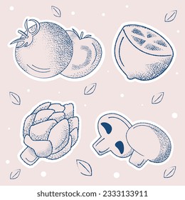 Vector illustration of veggie stickers, set line contour sketch vegetables, tomato, artichoke, lemon, mushrooms