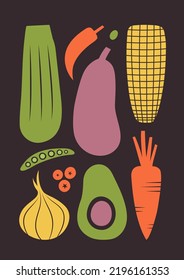 Vector illustration with veggies: avocado, eggplant, onion, carrot, blueberry, pea, zucchini, corn, pepper. Print for vegan, vegetarian merch in flat style. Clip arts with vegetables.