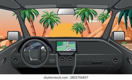 Vector illustration of vehicle dashboard overlooking palm trees and sunset during a summer road trip.