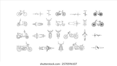 Vector illustration of vehicle drawings. side, front top views. Bike, bicycle, ev car and motorcycle in cad line