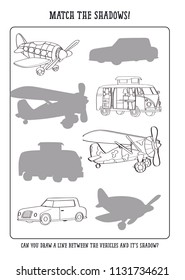 Vector Illustration of Vehicle, Match the shadow Game for kids Activities.
