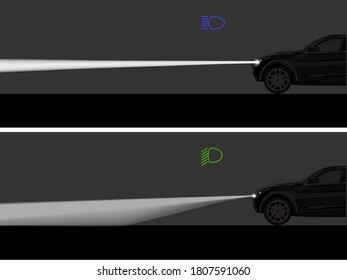 Vector illustration of vehicle's high beam vs low beam