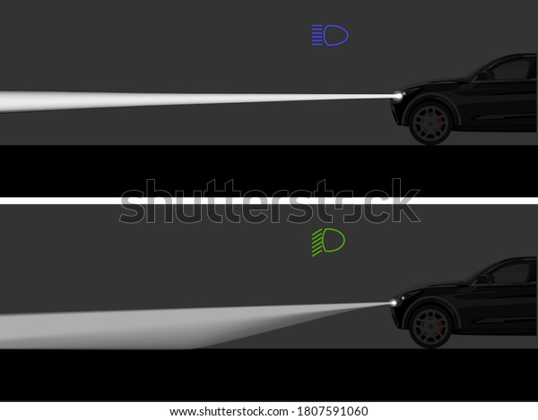 Vector\
illustration of vehicle\'s high beam vs low\
beam