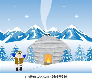 Vector illustration vein nomad in mountain in winter