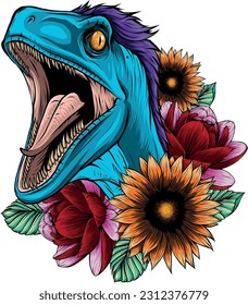 vector illustration of Velociraptor Dinosaur with flower