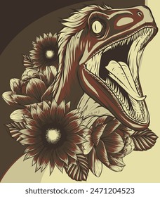 vector illustration of Velociraptor Dinosaur with flower