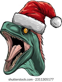 vector illustration of velociraptor head with christmas hat