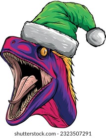 vector illustration of velociraptor head with christmas hat