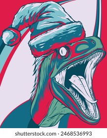 Vektorillustration von Velociraptor Kopf mit Weihnachtshut