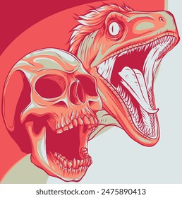 Vektorillustration des Velociraptor-Kopfes mit menschlichem Schädel