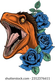 vector illustration of velociraptor head with roses flower
