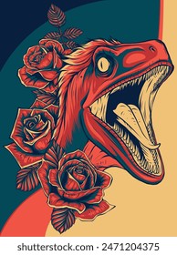 Vektorillustration des Velociraptor-Kopfes mit Rosenblüten