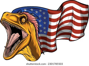 vector illustration of velociraptor head with usa flag on white background
