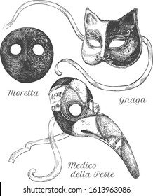 Vector illustration of Venetian carnival costume masks set. Moreta, Gnaga, Medico della Peste characters. Authentic handmade facial masquerade visard. Vintage hand drawn style.