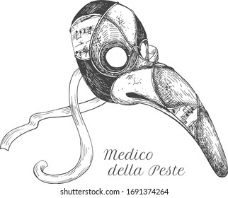 Vector illustration of Venetian carnival costume mask Medico della Peste character. Authentic handmade facial masquerade visard. Vintage hand drawn style.