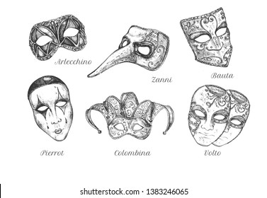 Vector illustration of venetian carnival masks set. Different types of decorated facial masque Arlecchino, Colombina, Zanni, Pierrot, Volto,Bauta. Vintage hand drawn style.