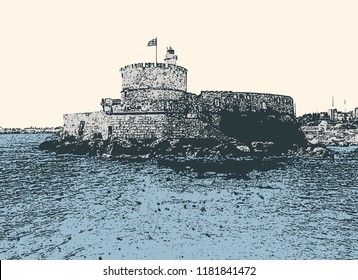 Vector illustration of Venetian Fortress in Rhodes, Greece 