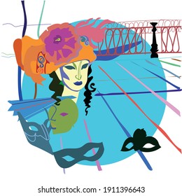 Vector illustration of a venetian mask in a hat with feathers dedicated to the venetian carnival