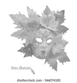 Vector illustration Venetian Mask with leaves on black and white graphic style - pointillism over white.