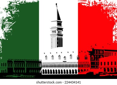 Vector illustration of Venice, Italy - St Marks Campanile on the Italian flag background