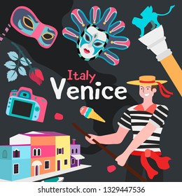Vector illustration of Venice sights and objects associated with it. Creative banner template for travel agency, travel blog and tour operator.