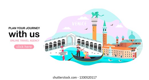 Vector illustration of Venice sights and tourist attractions, Creative banner, landing page, flyer, poster, blog post for travel agency or tour operator.