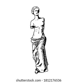 Vector illustration of Venus marble statue in line, sketch. Isolated art object. Image of Aphrodite, the Greek goddess of love and beauty.