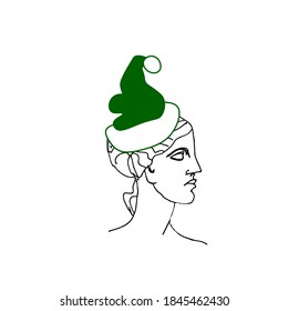 Vector illustration of Venus wearing a Christmas hat in hand drawn.Illustration of the New Year with a woman in doodle.Holiday picture of the ancient Greek god.Design for packaging,social networks.
