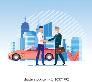 Vector Illustration Verbal Partnership Agreement. Men in Business Suits Shaking Hands Against Background Car. Selling or Renting Car. Power Attorney for Business Partnership Cartoon Flat.