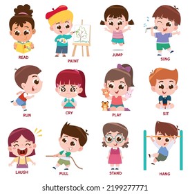 Vector Illustration of Verbs Expressing Actions Set.Cartoon kids character. Kids Doing Activities