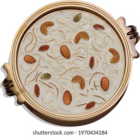 Vector illustration of Vermecelli Payasam or Kheer _Indian main sweet dish made during special occassions_using vermicelli ,milk,sugar and dry nuts, arranged in kerala traditional way 