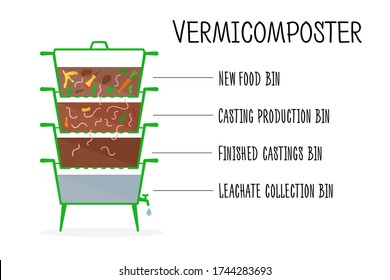 Vector illustration of vermicomposter structure. Concept of recycling, zero waste. Worms compost design. Composting organic waste by earthworms.