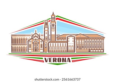 Vector illustration of Verona, decorative horizontal sign with linear design famous verona city scape on day sky background, european urban line art concept with unique lettering for brown text verona