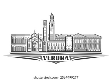 Vector illustration of Verona, monochrome horizontal card with linear design verona city scape, historical urban line art concept with decorative lettering for black text verona on white background