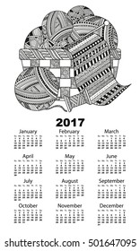 Vector illustration vertical 2017 calendar with a ball of yarn, thread and knit scarf in wicker basket boho zentangl doodle Colouring for adults coloring book. Black and white background pattern