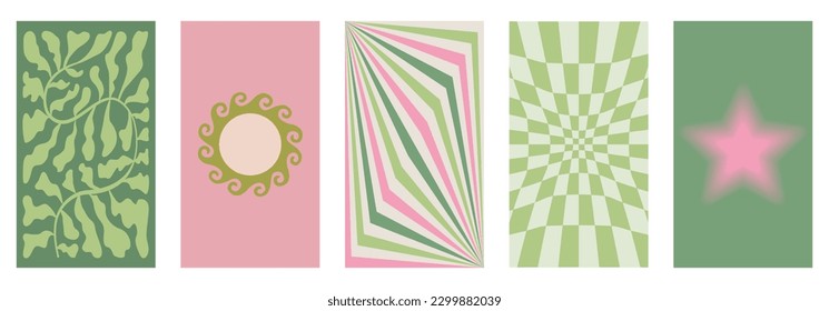 Vector illustration, vertical abstract backgrounds and graphic prints - decorative stories templates with copy space for text for social media in y2k groovy minimal style