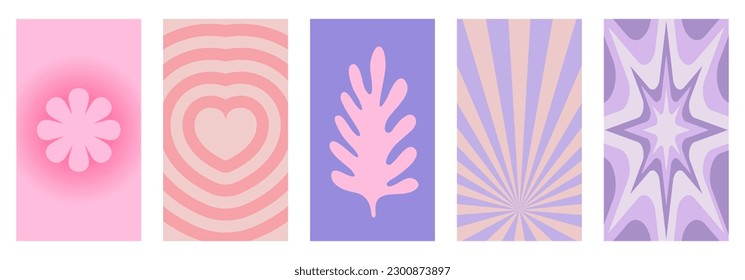 Vector illustration, vertical abstract backgrounds and graphic prints - decorative stories templates with copy space for text for social media in y2k groovy minimal style