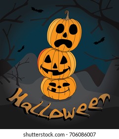 Vector illustration: Vertical abstract design layout of poster or flyer with Handwritten lettering of Halloween, pumpkins, raven and space for text. OR happy Halloween Poster.