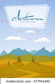Vector illustration: Vertical Autumn Mountains landscape with road, pine, hills and space for text.