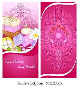 Vector illustration of a vertical banner template with various types of handmade soaps. Design for a spa, massage and beauty salon, relax, aromatherapy, organic health care products