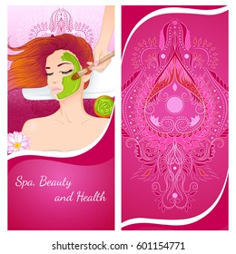 Vector illustration of a vertical banner template with a portrait of a beautiful girl, which is applied to a face mask. Design for a spa, massage and beauty salon, relax, organic health care products