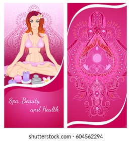 Vector illustration of a vertical banner template with a girl in the lotus position and spa accessories. Design for a spa, massage and beauty salon, relax, organic health care products, yoga studio