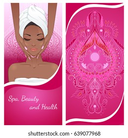 Vector illustration of a vertical banner template with a portrait of a african girl, who is doing face massage. Design for a spa, massage and beauty salon, relax, organic health care products