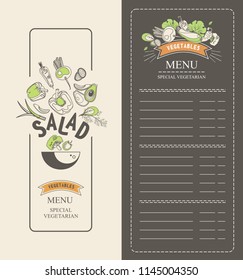 vector illustration vertical booklet menu salad for cafe special vegetarian food and healthy food vintage style black background