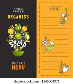 vector illustration vertical booklet menu salad for cafe special vegetarian food and healthy food vintage style black background